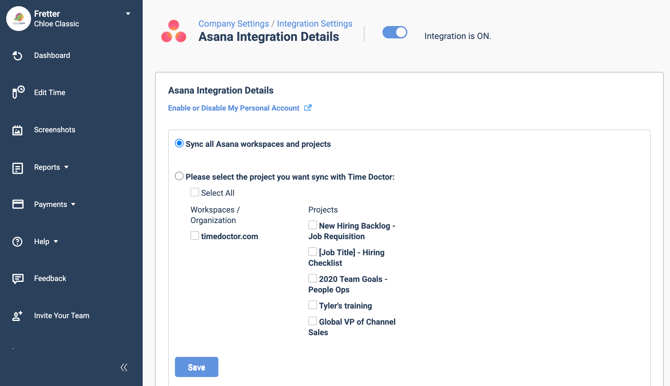 Asana Integration ON Projects Sync